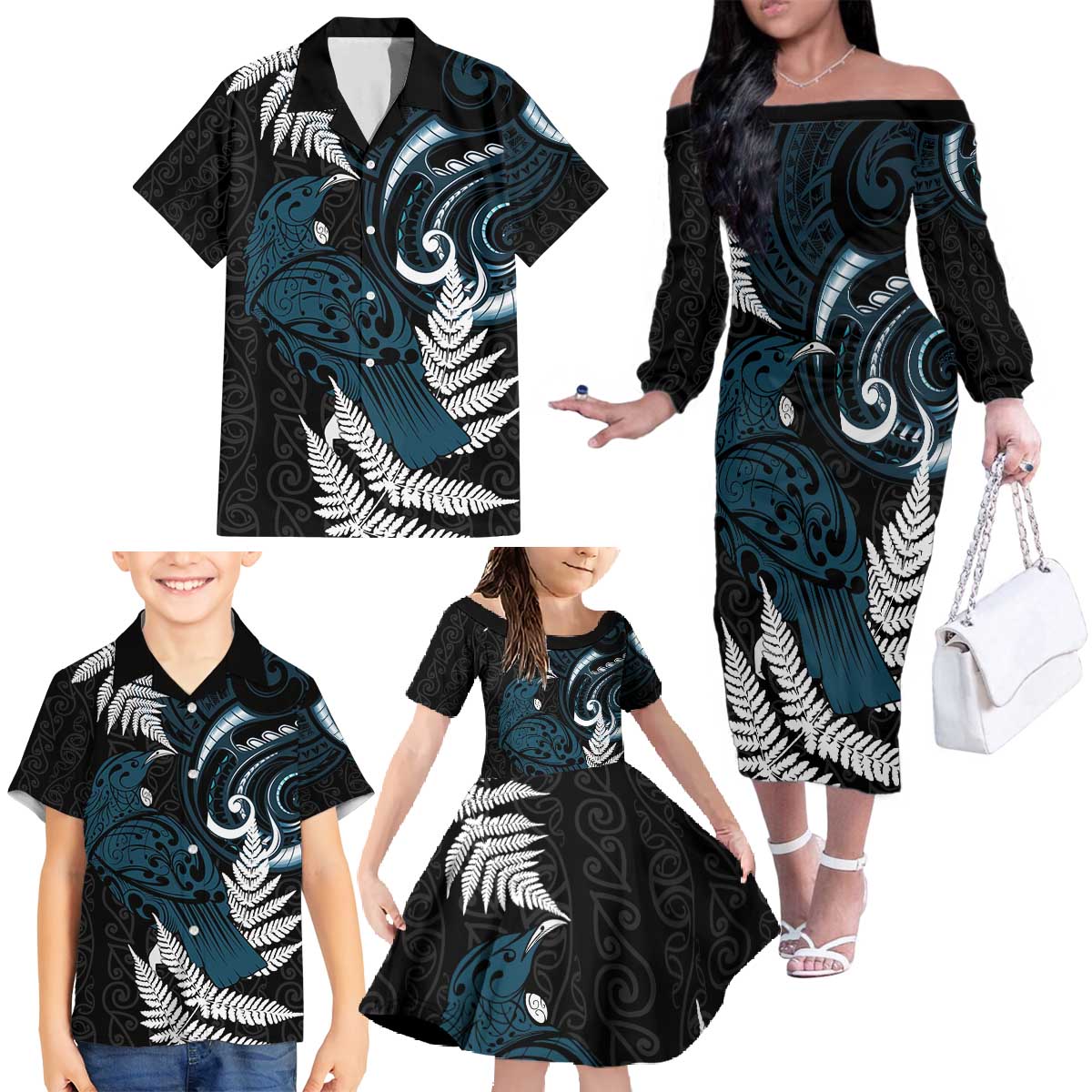 New Zealand Tui Bird Family Matching Off The Shoulder Long Sleeve Dress and Hawaiian Shirt Maori Kowhaiwhai LT7 - Polynesian Pride