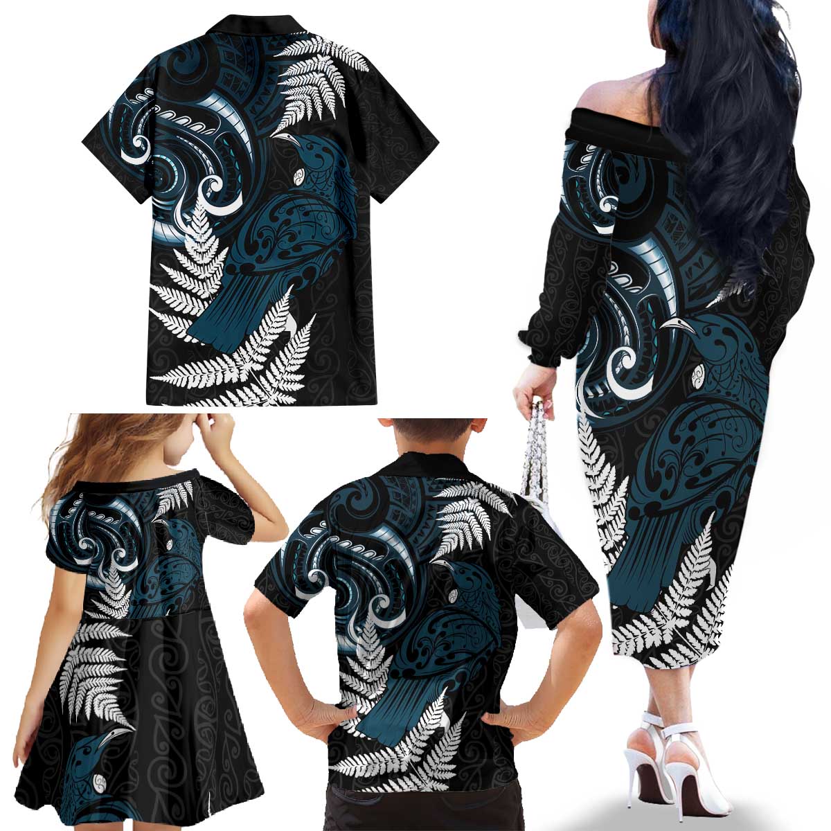 New Zealand Tui Bird Family Matching Off The Shoulder Long Sleeve Dress and Hawaiian Shirt Maori Kowhaiwhai LT7 - Polynesian Pride