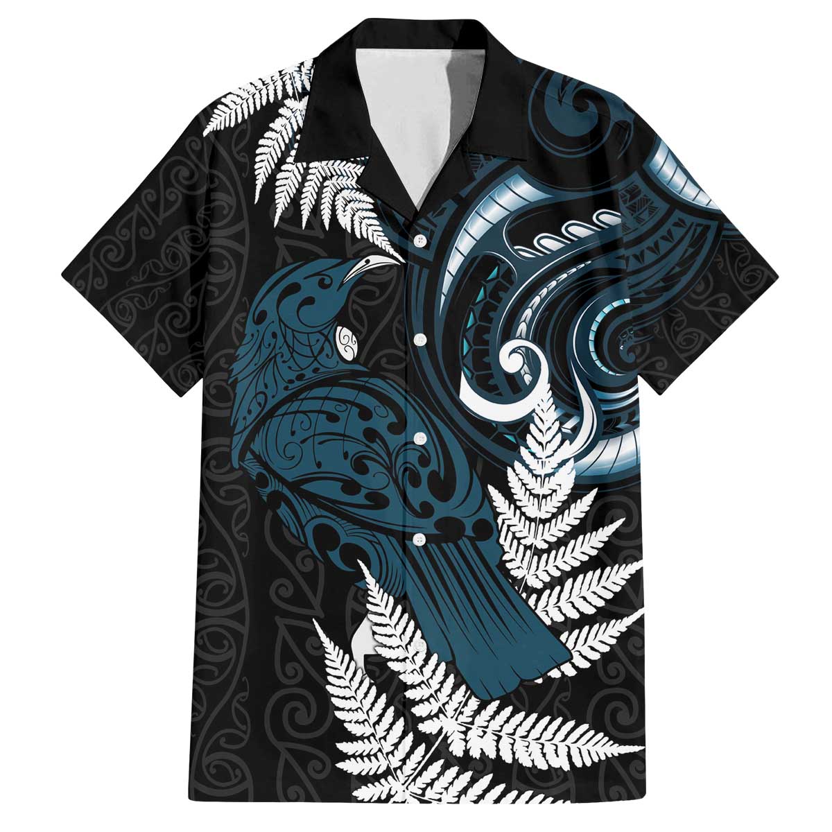 New Zealand Tui Bird Family Matching Off The Shoulder Long Sleeve Dress and Hawaiian Shirt Maori Kowhaiwhai LT7 Dad's Shirt - Short Sleeve Teal - Polynesian Pride