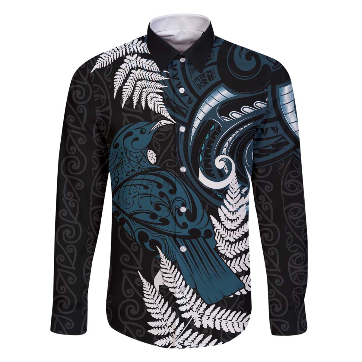 New Zealand Tui Bird Family Matching Off The Shoulder Long Sleeve Dress and Hawaiian Shirt Maori Kowhaiwhai LT7 Dad's Shirt - Long Sleeve Teal - Polynesian Pride