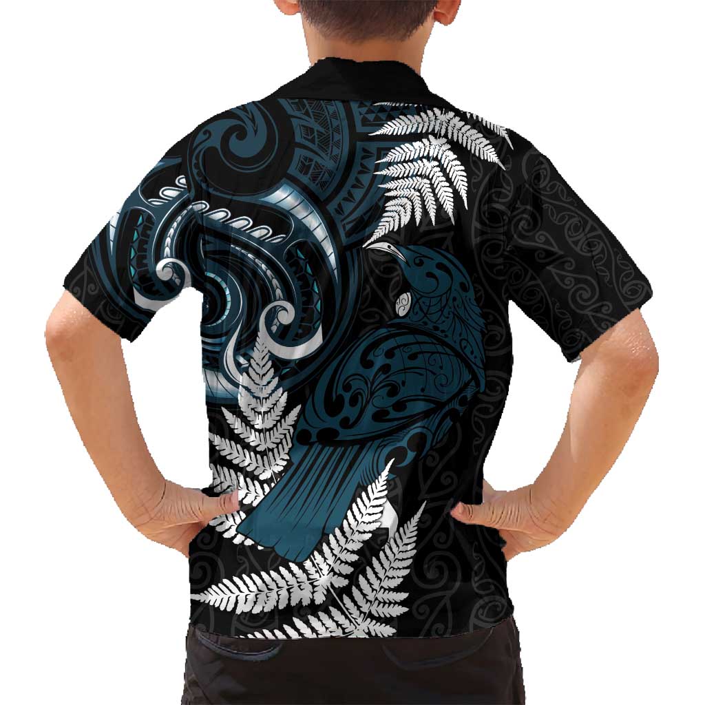 New Zealand Tui Bird Family Matching Off Shoulder Short Dress and Hawaiian Shirt Maori Kowhaiwhai LT7 - Polynesian Pride