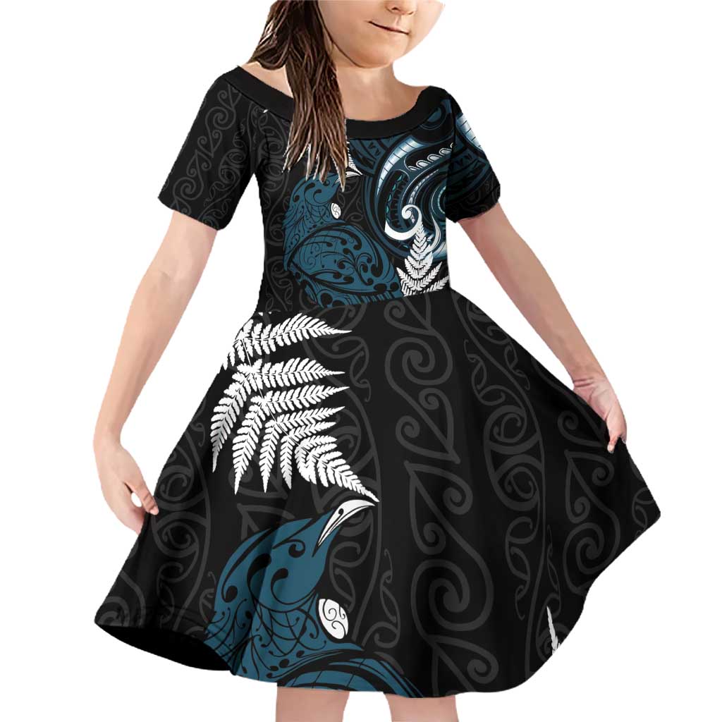 New Zealand Tui Bird Family Matching Off Shoulder Short Dress and Hawaiian Shirt Maori Kowhaiwhai LT7 Daughter's Dress Teal - Polynesian Pride