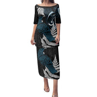New Zealand Tui Bird Family Matching Puletasi and Hawaiian Shirt Maori Kowhaiwhai LT7 Mom's Dress Teal - Polynesian Pride
