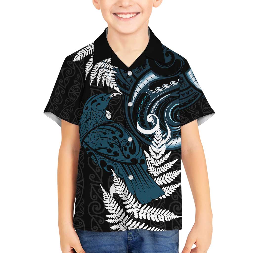 New Zealand Tui Bird Family Matching Puletasi and Hawaiian Shirt Maori Kowhaiwhai LT7 Son's Shirt Teal - Polynesian Pride