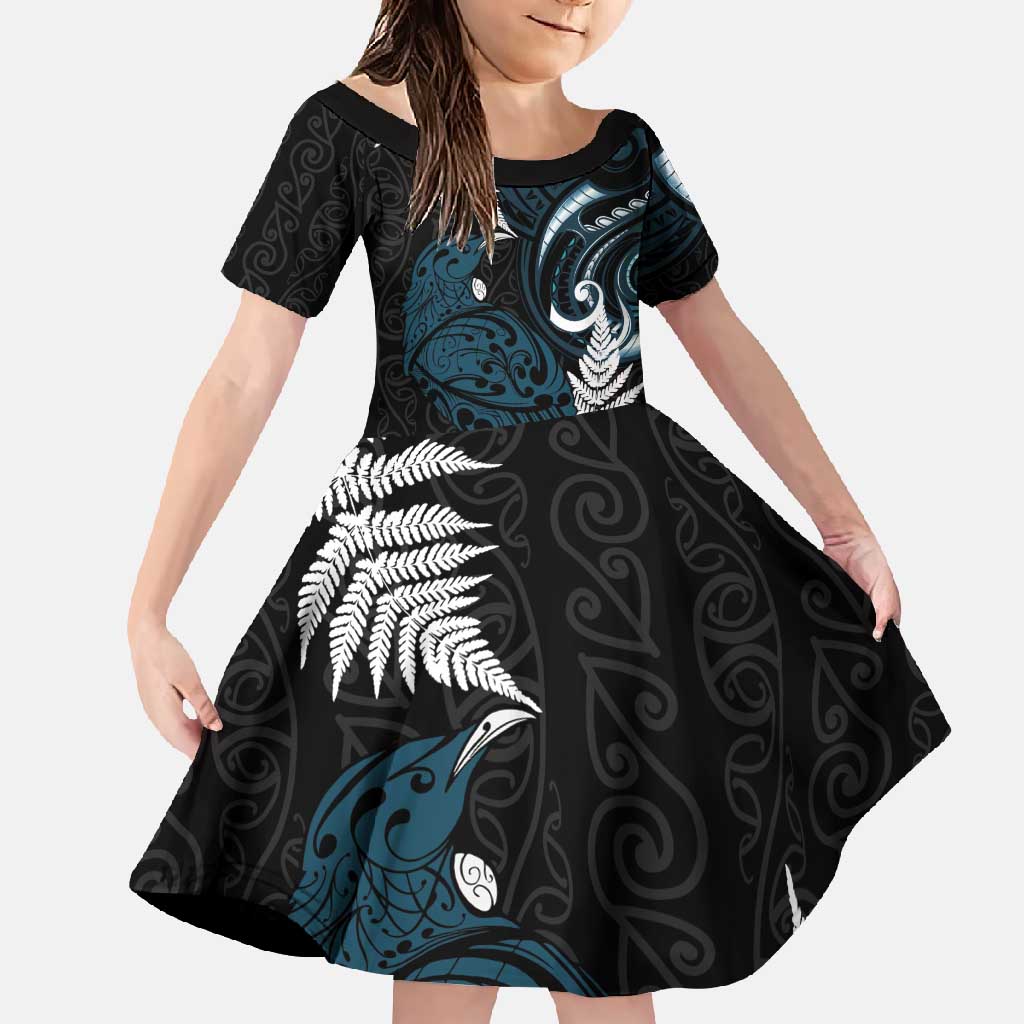 New Zealand Tui Bird Family Matching Tank Maxi Dress and Hawaiian Shirt Maori Kowhaiwhai LT7 Daughter's Dress Teal - Polynesian Pride