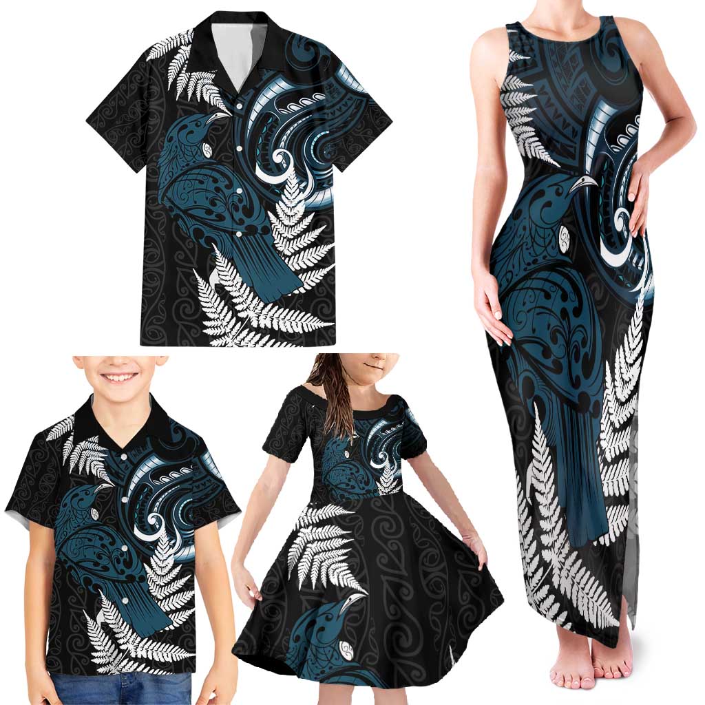 New Zealand Tui Bird Family Matching Tank Maxi Dress and Hawaiian Shirt Maori Kowhaiwhai LT7 - Polynesian Pride