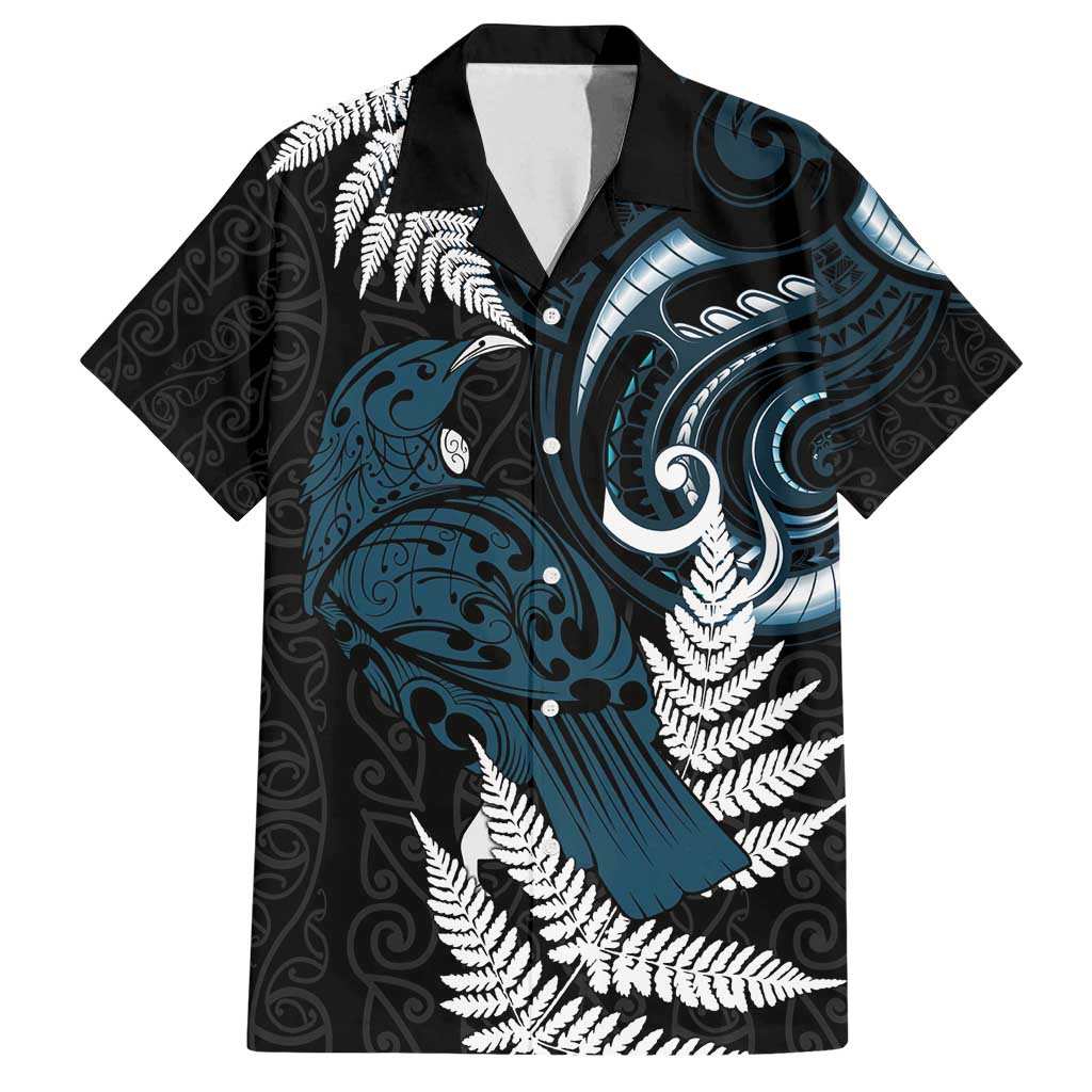 New Zealand Tui Bird Family Matching Tank Maxi Dress and Hawaiian Shirt Maori Kowhaiwhai LT7 Dad's Shirt - Short Sleeve Teal - Polynesian Pride