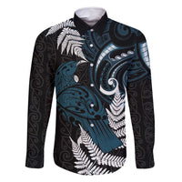 New Zealand Tui Bird Family Matching Tank Maxi Dress and Hawaiian Shirt Maori Kowhaiwhai LT7 Dad's Shirt - Long Sleeve Teal - Polynesian Pride