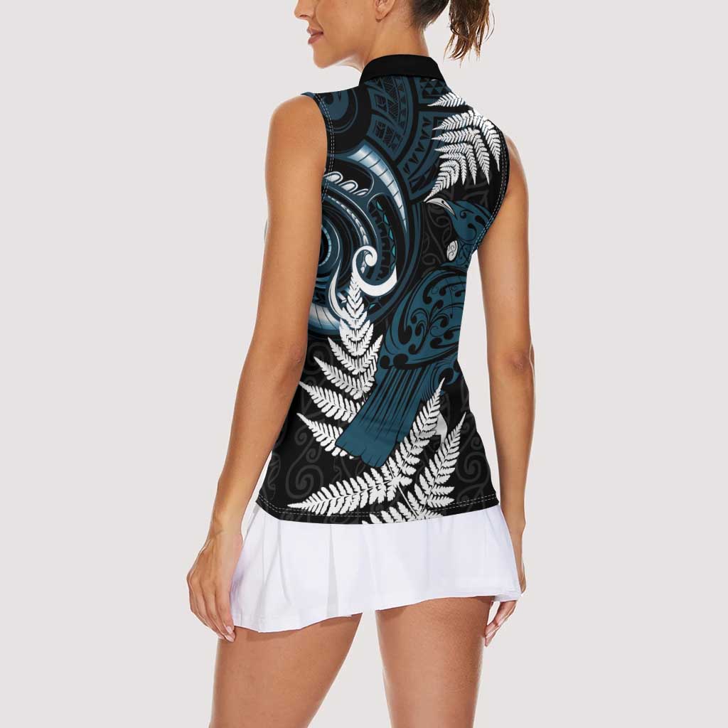 New Zealand Tui Bird Women Sleeveless Polo Shirt Maori Kowhaiwhai