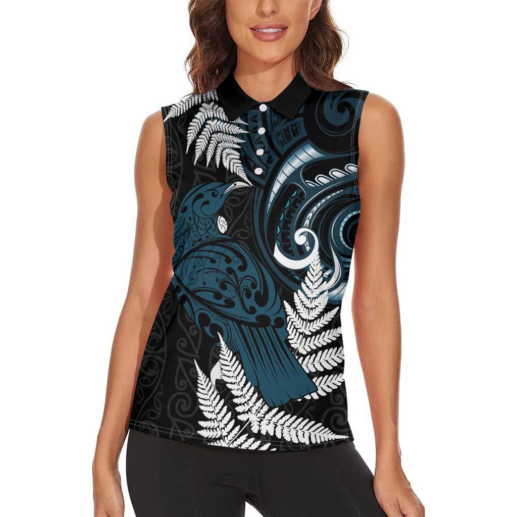 New Zealand Tui Bird Women Sleeveless Polo Shirt Maori Kowhaiwhai