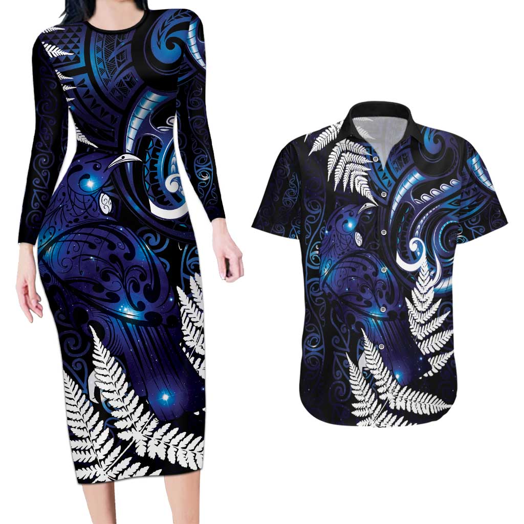 New Zealand Maori Matariki Couples Matching Long Sleeve Bodycon Dress and Hawaiian Shirt Tui Bird Galaxy LT7 Galaxy - Polynesian Pride
