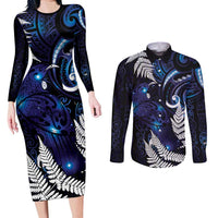 New Zealand Maori Matariki Couples Matching Long Sleeve Bodycon Dress and Long Sleeve Button Shirt Tui Bird Galaxy LT7 Galaxy - Polynesian Pride