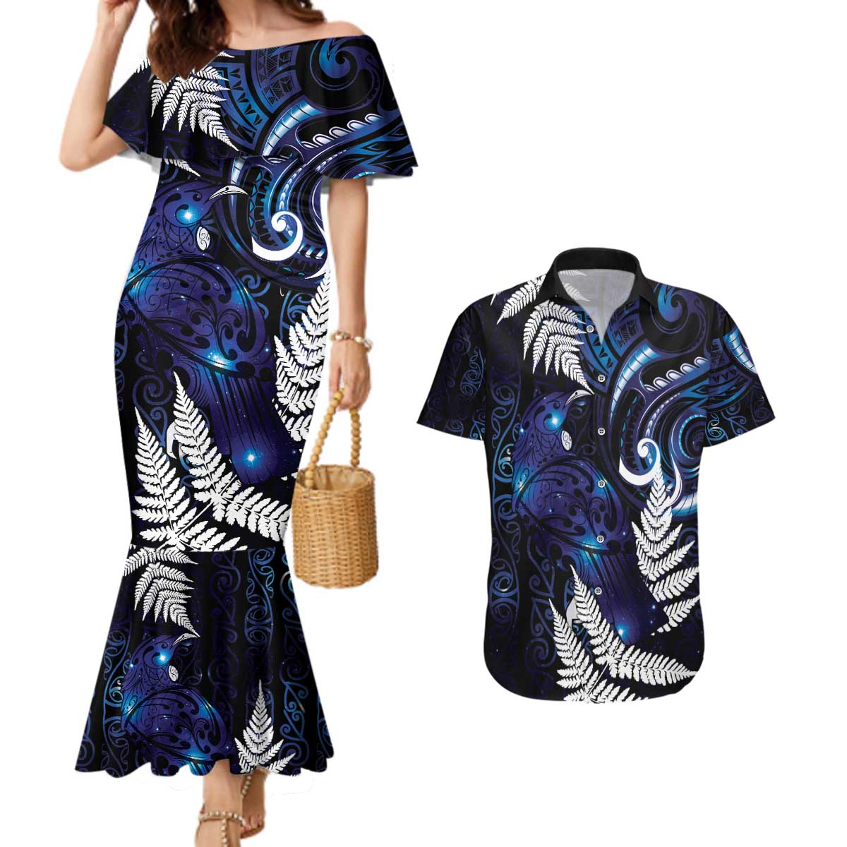 New Zealand Maori Matariki Couples Matching Mermaid Dress and Hawaiian Shirt Tui Bird Galaxy LT7 Galaxy - Polynesian Pride