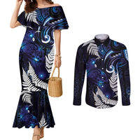 New Zealand Maori Matariki Couples Matching Mermaid Dress and Long Sleeve Button Shirt Tui Bird Galaxy LT7 Galaxy - Polynesian Pride