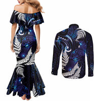 New Zealand Maori Matariki Couples Matching Mermaid Dress and Long Sleeve Button Shirt Tui Bird Galaxy LT7 - Polynesian Pride