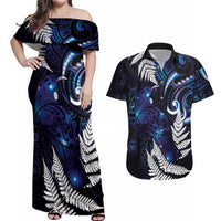 New Zealand Maori Matariki Couples Matching Off Shoulder Maxi Dress and Hawaiian Shirt Tui Bird Galaxy LT7 Galaxy - Polynesian Pride