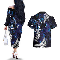 New Zealand Maori Matariki Couples Matching Off The Shoulder Long Sleeve Dress and Hawaiian Shirt Tui Bird Galaxy LT7 - Polynesian Pride