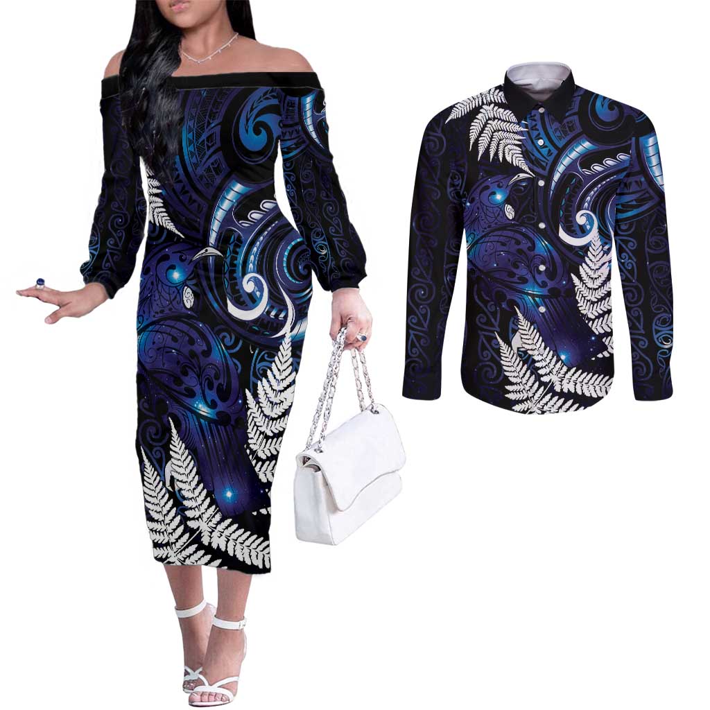 New Zealand Maori Matariki Couples Matching Off The Shoulder Long Sleeve Dress and Long Sleeve Button Shirt Tui Bird Galaxy LT7 Galaxy - Polynesian Pride