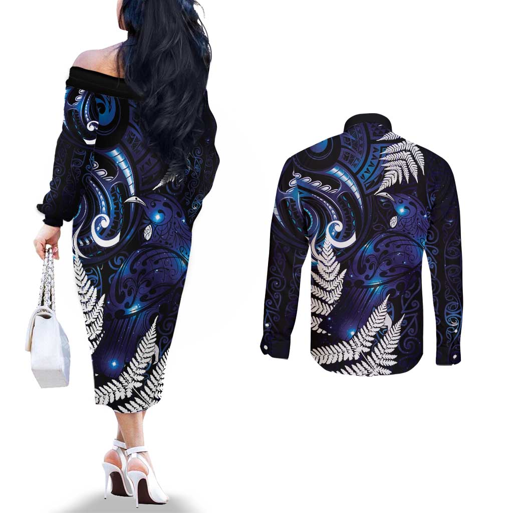 New Zealand Maori Matariki Couples Matching Off The Shoulder Long Sleeve Dress and Long Sleeve Button Shirt Tui Bird Galaxy LT7 - Polynesian Pride