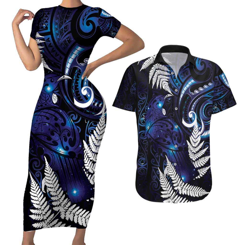 New Zealand Maori Matariki Couples Matching Short Sleeve Bodycon Dress and Hawaiian Shirt Tui Bird Galaxy LT7 Galaxy - Polynesian Pride