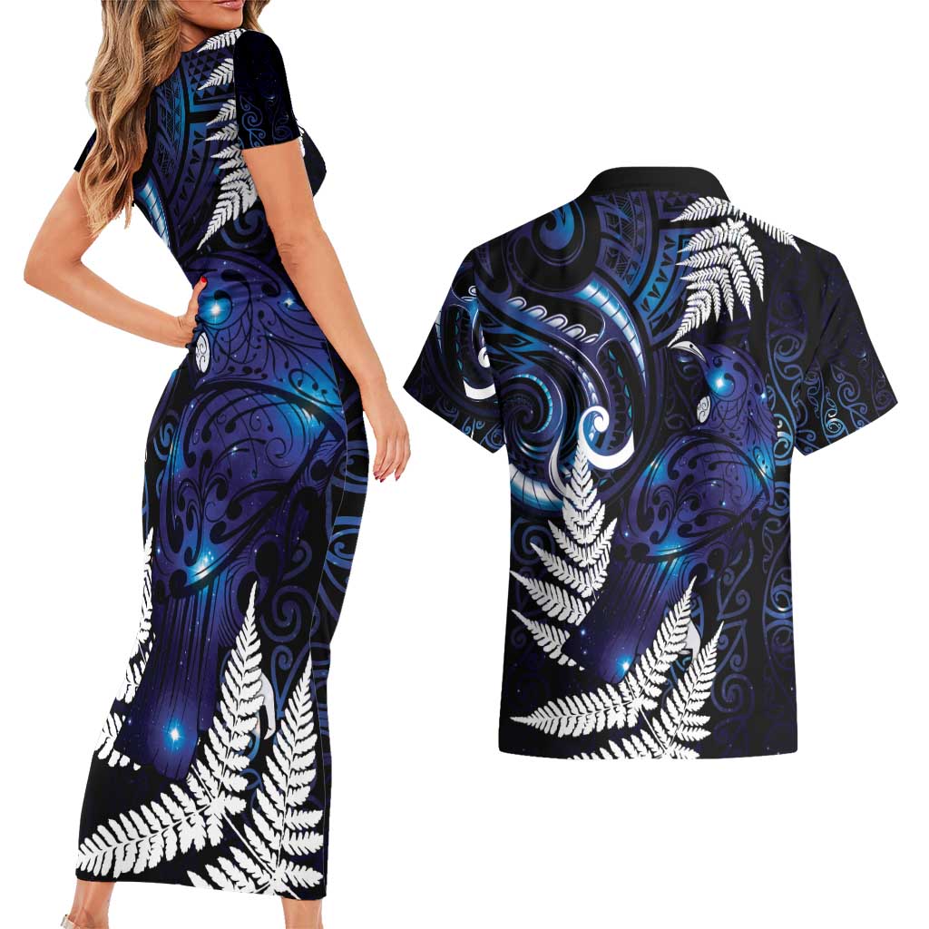 New Zealand Maori Matariki Couples Matching Short Sleeve Bodycon Dress and Hawaiian Shirt Tui Bird Galaxy LT7 - Polynesian Pride
