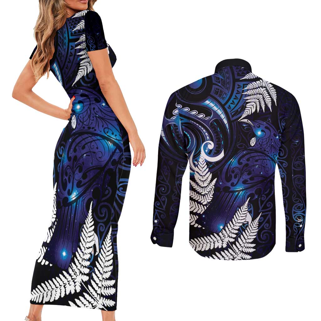 New Zealand Maori Matariki Couples Matching Short Sleeve Bodycon Dress and Long Sleeve Button Shirt Tui Bird Galaxy LT7 - Polynesian Pride