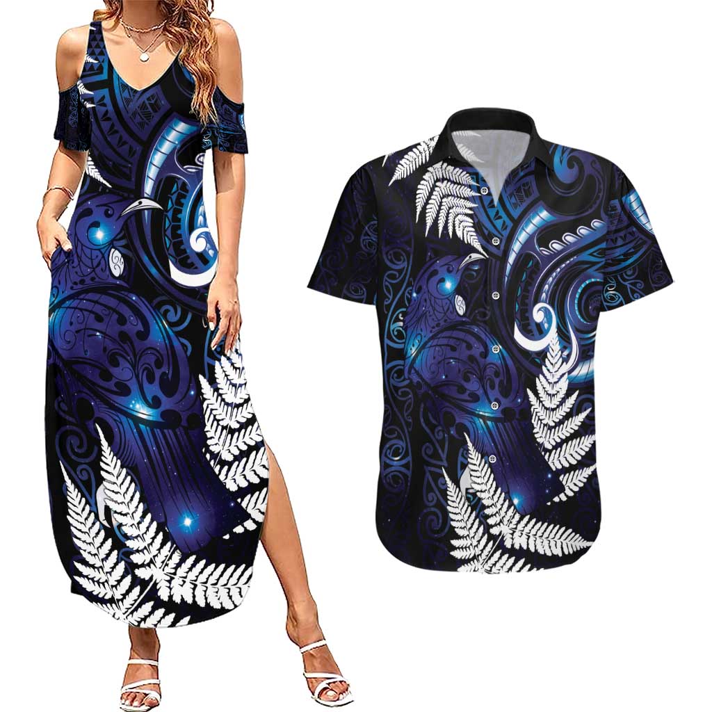 New Zealand Maori Matariki Couples Matching Summer Maxi Dress and Hawaiian Shirt Tui Bird Galaxy LT7 Galaxy - Polynesian Pride