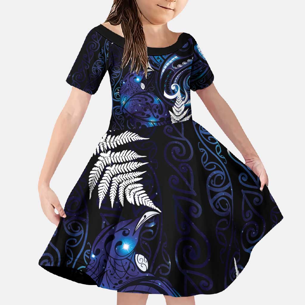 New Zealand Maori Matariki Family Matching Long Sleeve Bodycon Dress and Hawaiian Shirt Tui Bird Galaxy LT7 Daughter's Dress Galaxy - Polynesian Pride