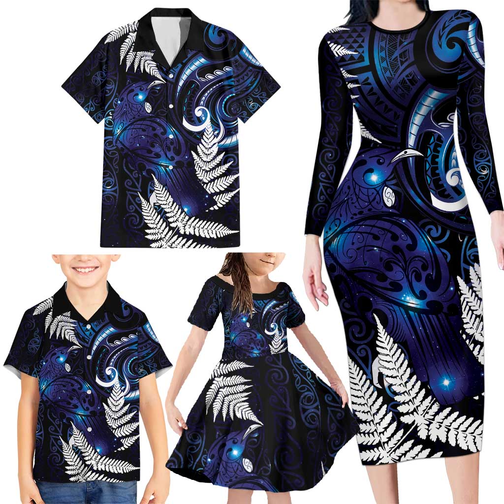 New Zealand Maori Matariki Family Matching Long Sleeve Bodycon Dress and Hawaiian Shirt Tui Bird Galaxy LT7 - Polynesian Pride