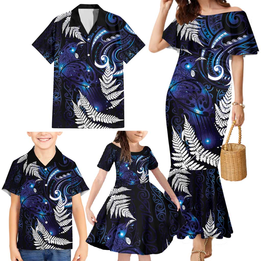 New Zealand Maori Matariki Family Matching Mermaid Dress and Hawaiian Shirt Tui Bird Galaxy LT7 - Polynesian Pride
