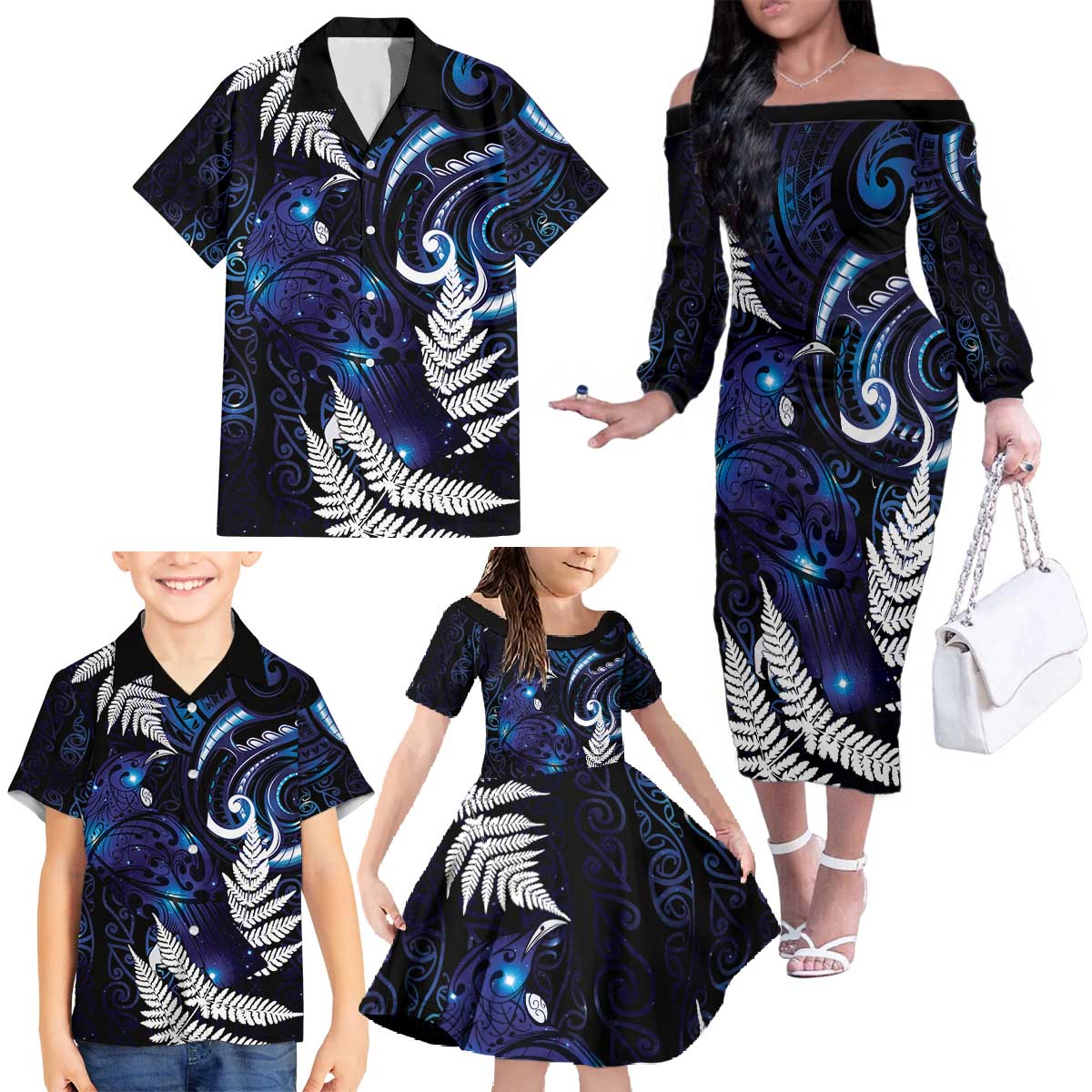 New Zealand Maori Matariki Family Matching Off The Shoulder Long Sleeve Dress and Hawaiian Shirt Tui Bird Galaxy LT7 - Polynesian Pride