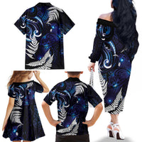 New Zealand Maori Matariki Family Matching Off The Shoulder Long Sleeve Dress and Hawaiian Shirt Tui Bird Galaxy LT7 - Polynesian Pride