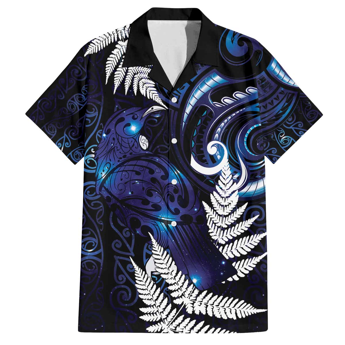 New Zealand Maori Matariki Family Matching Off The Shoulder Long Sleeve Dress and Hawaiian Shirt Tui Bird Galaxy LT7 Dad's Shirt - Short Sleeve Galaxy - Polynesian Pride