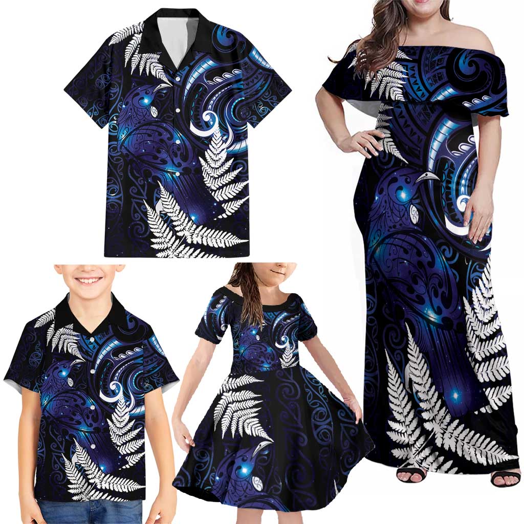 New Zealand Maori Matariki Family Matching Off Shoulder Maxi Dress and Hawaiian Shirt Tui Bird Galaxy LT7 - Polynesian Pride