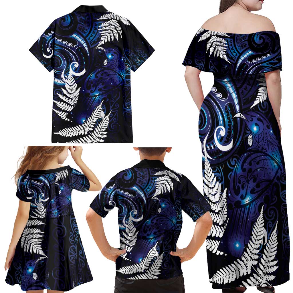 New Zealand Maori Matariki Family Matching Off Shoulder Maxi Dress and Hawaiian Shirt Tui Bird Galaxy LT7 - Polynesian Pride