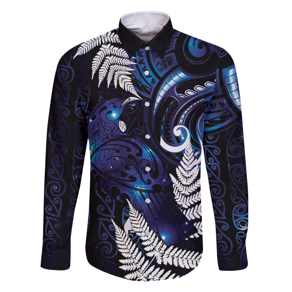 New Zealand Maori Matariki Family Matching Off Shoulder Maxi Dress and Hawaiian Shirt Tui Bird Galaxy LT7 Dad's Shirt - Long Sleeve Galaxy - Polynesian Pride