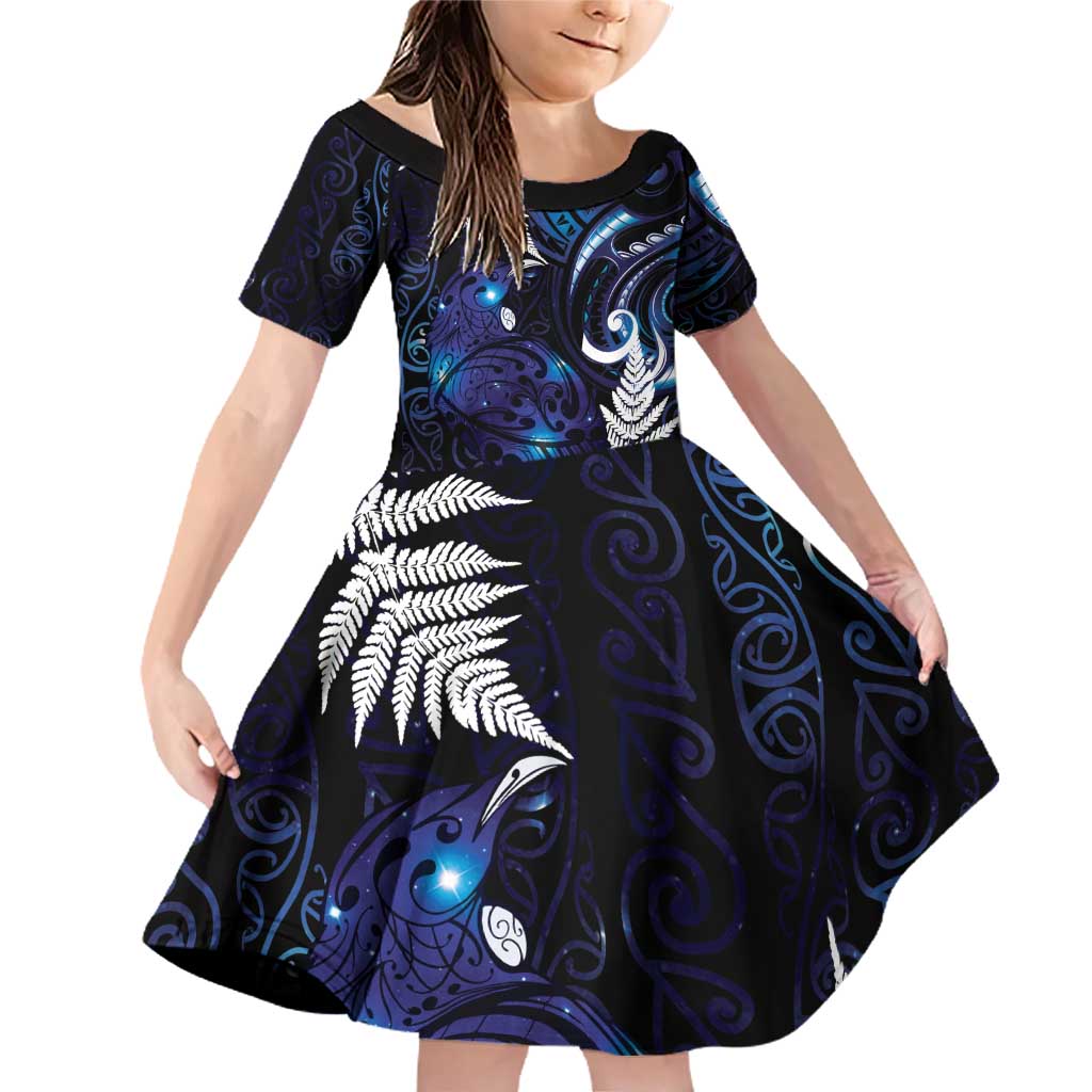 New Zealand Maori Matariki Family Matching Off Shoulder Short Dress and Hawaiian Shirt Tui Bird Galaxy LT7 Daughter's Dress Galaxy - Polynesian Pride