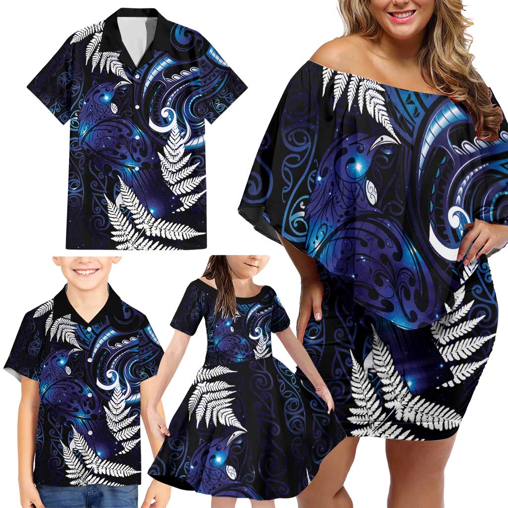 New Zealand Maori Matariki Family Matching Off Shoulder Short Dress and Hawaiian Shirt Tui Bird Galaxy LT7 - Polynesian Pride