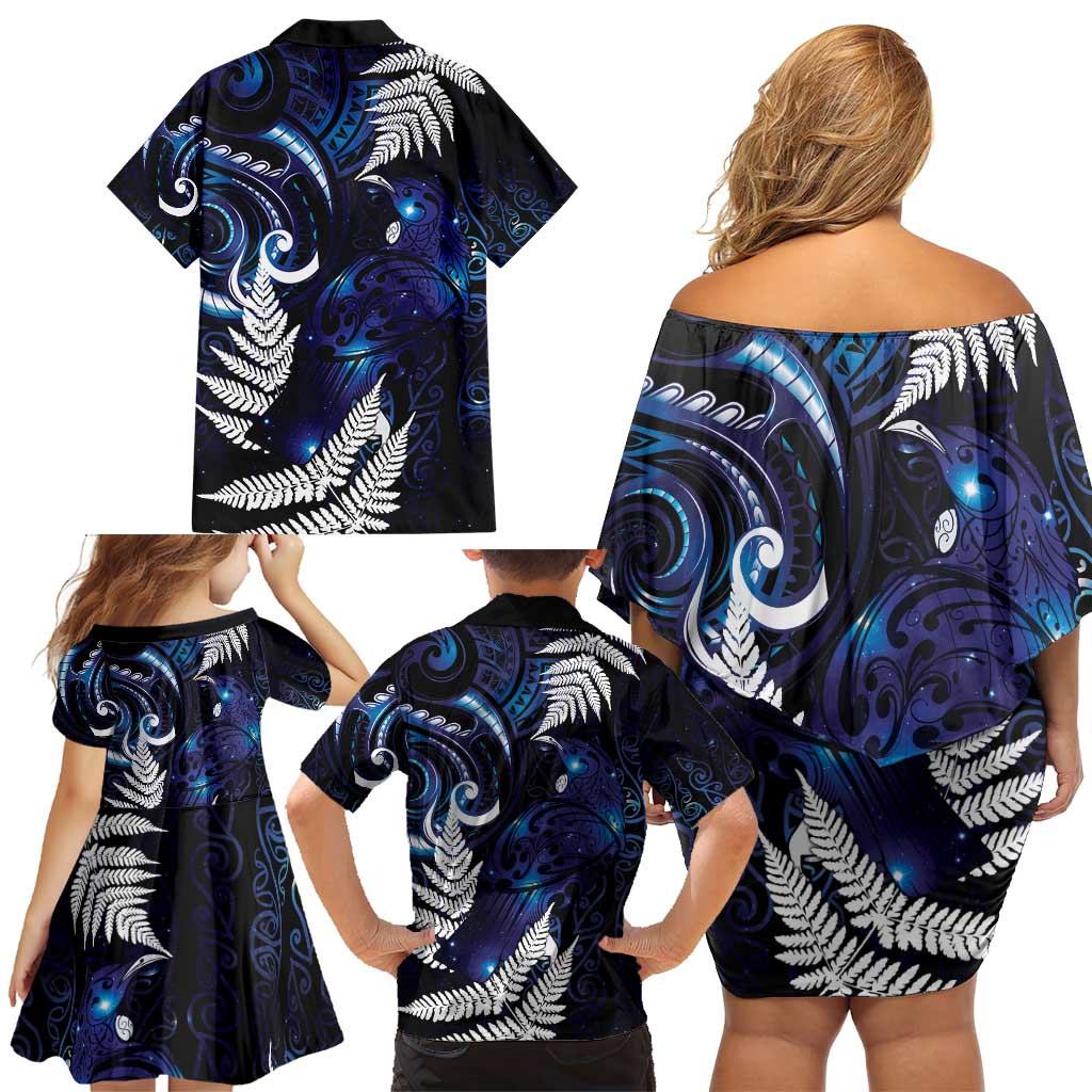 New Zealand Maori Matariki Family Matching Off Shoulder Short Dress and Hawaiian Shirt Tui Bird Galaxy LT7 - Polynesian Pride