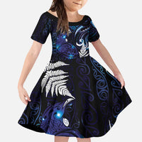 New Zealand Maori Matariki Family Matching Short Sleeve Bodycon Dress and Hawaiian Shirt Tui Bird Galaxy LT7 Daughter's Dress Galaxy - Polynesian Pride