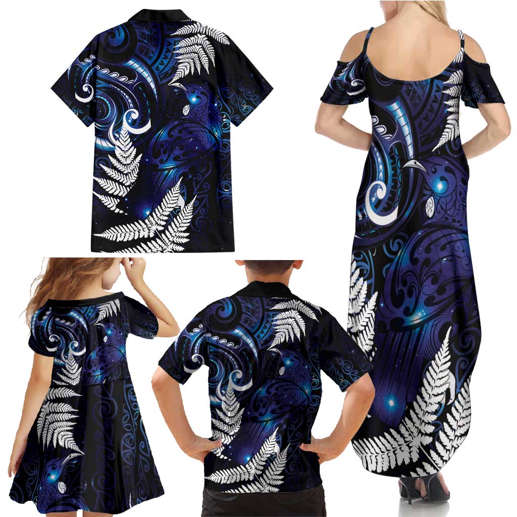 New Zealand Maori Matariki Family Matching Summer Maxi Dress and Hawaiian Shirt Tui Bird Galaxy LT7 - Polynesian Pride