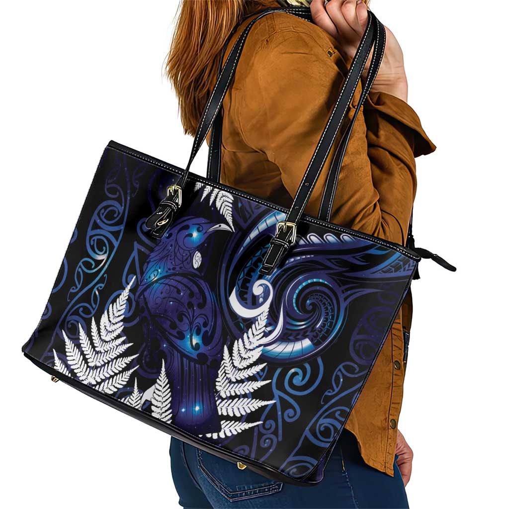 New Zealand Maori Matariki Leather Tote Bag Tui Bird Galaxy