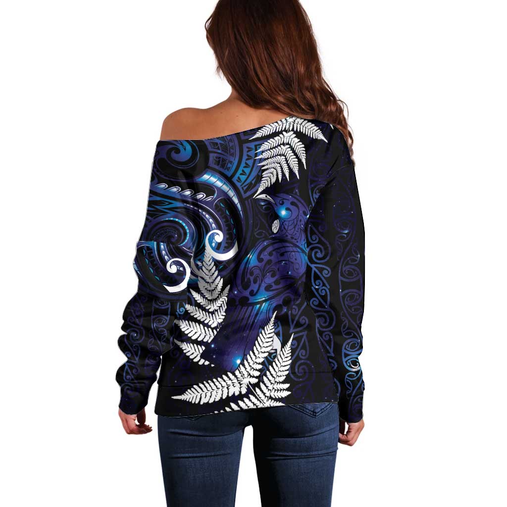 New Zealand Maori Matariki Off Shoulder Sweater Tui Bird Galaxy LT7 - Polynesian Pride