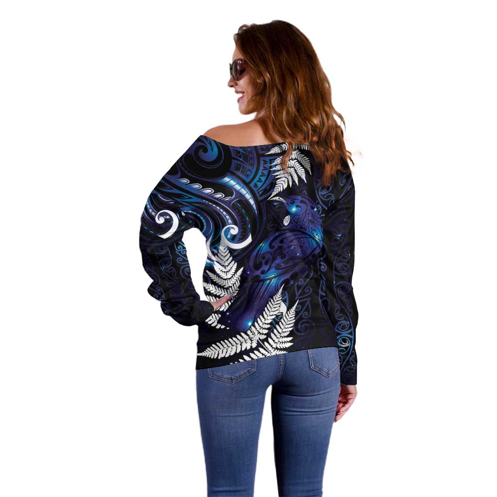 New Zealand Maori Matariki Off Shoulder Sweater Tui Bird Galaxy LT7 - Polynesian Pride