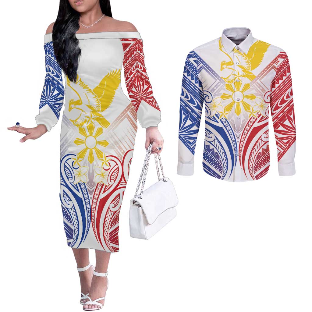 Philippines Tribal Sun Personalized Couples Matching Off The Shoulder Long Sleeve Dress and Long Sleeve Button Shirt Hunting Eagle