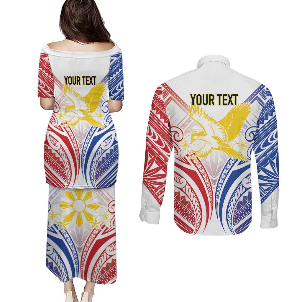Philippines Tribal Sun Personalized Couples Matching Puletasi and Long Sleeve Button Shirt Hunting Eagle