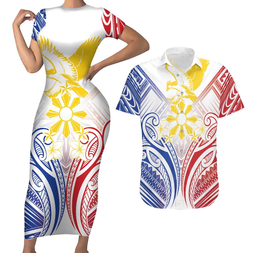 Philippines Tribal Sun Personalized Couples Matching Short Sleeve Bodycon Dress and Hawaiian Shirt Hunting Eagle