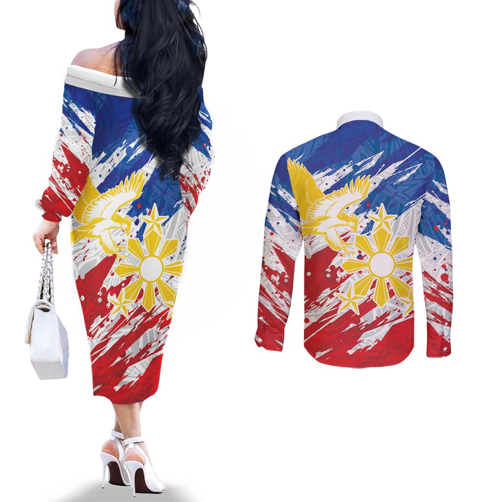 Personalized Filipino Sun and Stars Couples Matching Off The Shoulder Long Sleeve Dress and Long Sleeve Button Shirt Grunge Vibes