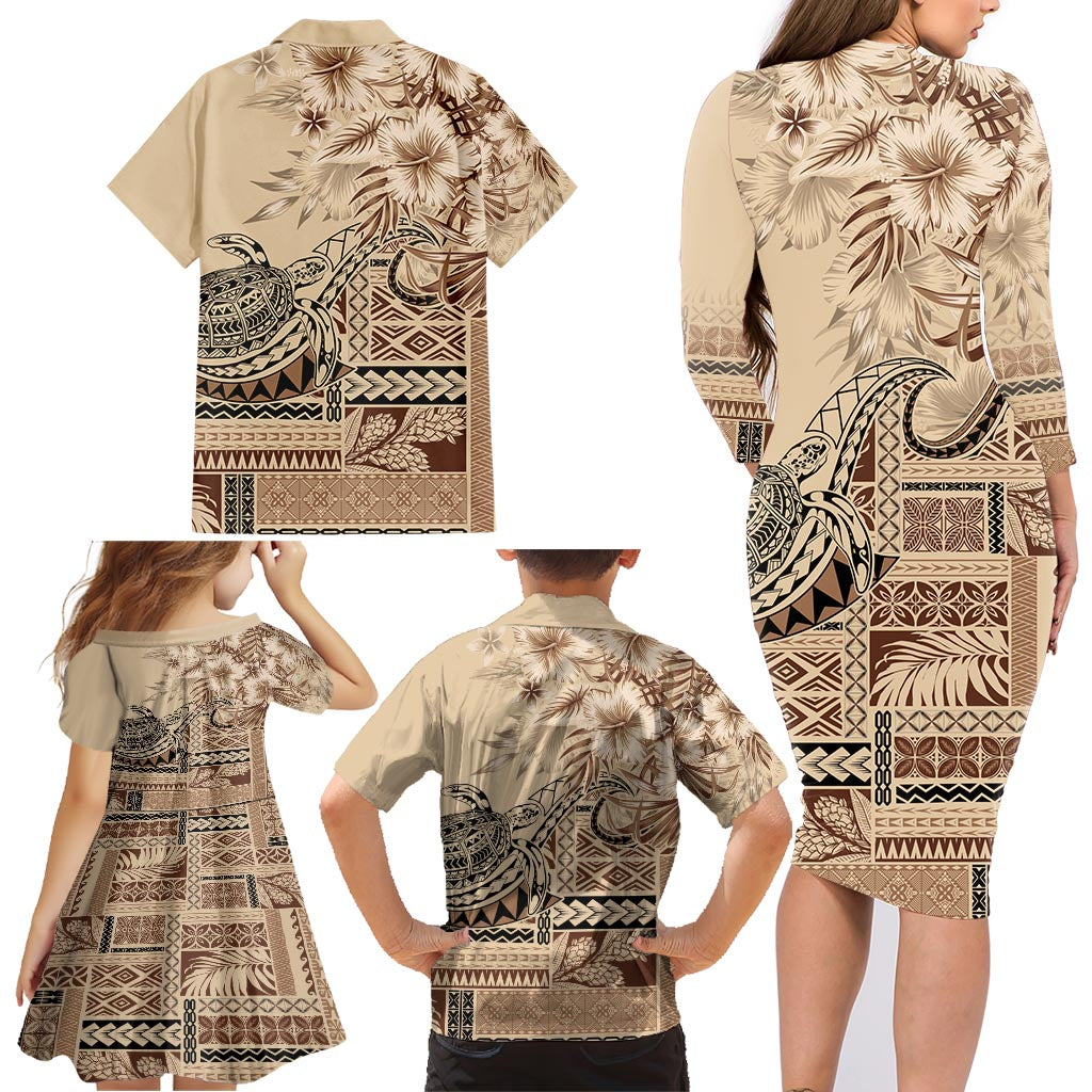 Vaiaso o le Gagana Samoa Family Matching Long Sleeve Bodycon Dress and Hawaiian Shirt Siapo Motif Beige LT7 - Polynesian Pride
