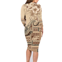 Vaiaso o le Gagana Samoa Family Matching Long Sleeve Bodycon Dress and Hawaiian Shirt Siapo Motif Beige LT7 - Polynesian Pride
